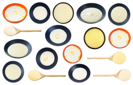 set of various boiled and waw semolina isolated on white background
