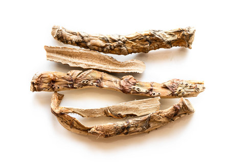 several pieces of dried Sweet flag (calamus) root on white plate