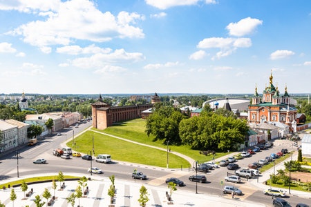 Kolomna, Russia - June 10, 2022: above view of towers, wall of Kolomna Kremlin Monastery on Lazhechnikova Street and October Revolution Street in Old Kolomna city on summer day from bell towerのeditorial素材