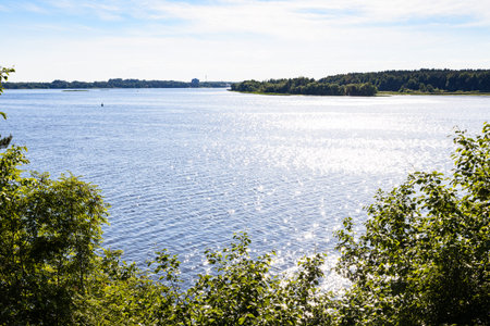 above view of Volga river on sunny summer day at beach Dunkina Gora in Tver region of Russia