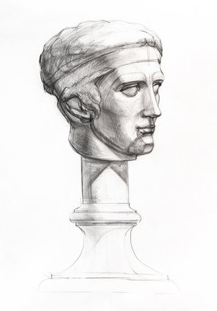 academic drawing - gypsum model of Diadumenos head hand drawn by regular pencil on white paperの写真素材