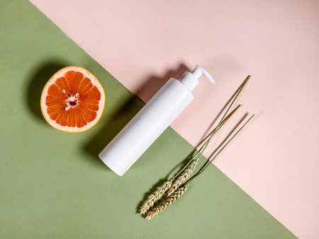 top view of white blank pump plastic bottle, half of fresh grapefruit and natural ears dried on color paper backgroundの写真素材