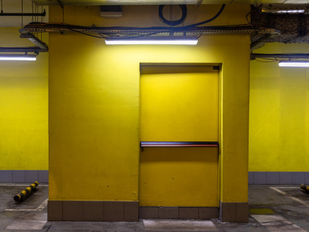 closed yellow door of exit from underground parkingの写真素材