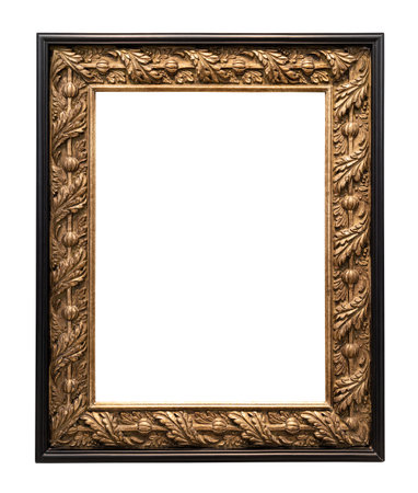 old vertical bronze carved wide picture frame isolated on white background with cut out canvasの写真素材