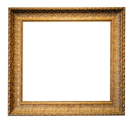vintage wide carved golden wooden picture frame isolated on white background with cut out canvasの写真素材