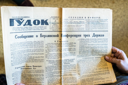 Moscow, Russia - May 28, 2023: Soviet newspaper Gudok, issued on August 3, 1945, with report on Berlin Conference of Three Powers USSR, USA and Great Britain to allow Allies to plan postwar peaceのeditorial素材
