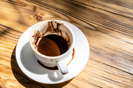 above viiew of cup of Turkish coffee with grounds and patterns left after drinking on saucer for...