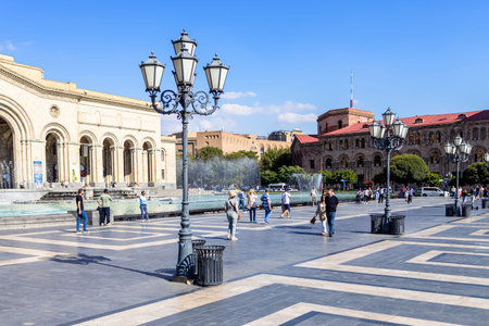 Yerevan, Armenia - September 14, 2023: pedestrian Republic Square in central Kentron district of...