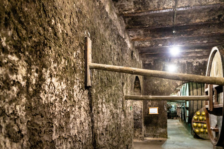 Yerevan, Armenia - October 2, 2023: ancient city fortress wall in basement of NOY brandy factory in...
