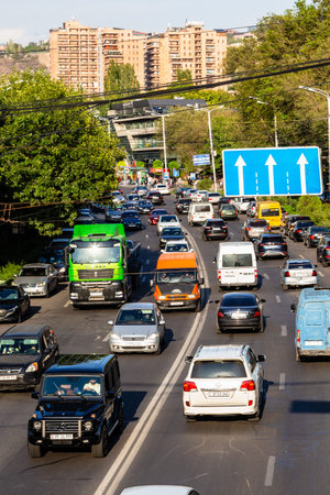 Yerevan, Armenia - September 28, 2023: cars drive on Khanjyan Street in central Kentron district of...