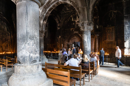 Goght, Armenia - September 30, 2023: inside Katoghike Church of Monastery of Geghard in Upper Azat...