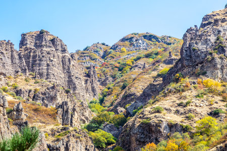 colorful mountains in river gorge near Geghard in Armenia on sunny autumn dayの写真素材