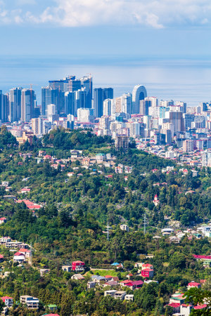 Batumi, Georgia - September 21, 2023: above view of Batumi city skyscrapers from Sameba on autumn dayのeditorial素材