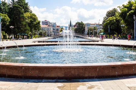 Batumi, Georgia - September 15, 2023: musical singing water fountains on seaside boulevard in Batumi city on sunny autumn dayのeditorial素材