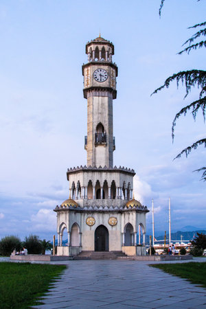 Batumi, Georgia - September 16, 2023: Chacha Tower building Batumi city in blue autumn dusk. Georgian chacha came out of fountains of tower instead of water from 2012 till 2015のeditorial素材