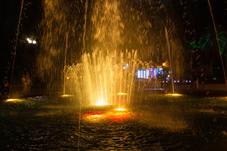 Batumi, Georgia - September 16, 2023: dancing fountain on seaside boulevard in Batumi city in autumn nightのeditorial素材
