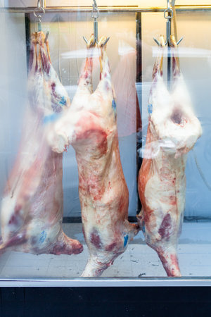 travel to Georgia - skinned lamb carcasses in window of butcher shop in Turkish district of Batumi cityの写真素材