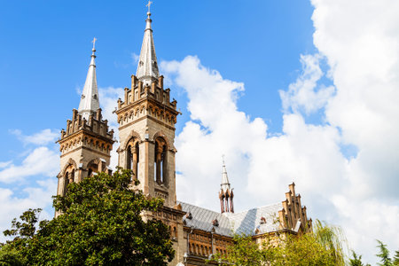 travel to Georgia - towers and roof of Batumi Cathedral of the Mother of God in Batumi city on sunny...