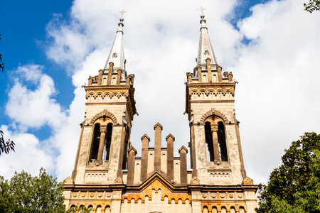 travel to Georgia - front view of towers of Batumi Cathedral of the Mother of God in Batumi city on sunny autumn dayの写真素材