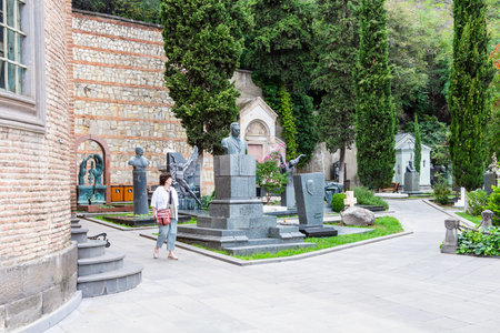 Tbilisi, Georgia - September 25, 2023: graveyard at Mtatsminda Pantheon of Writers and Public...