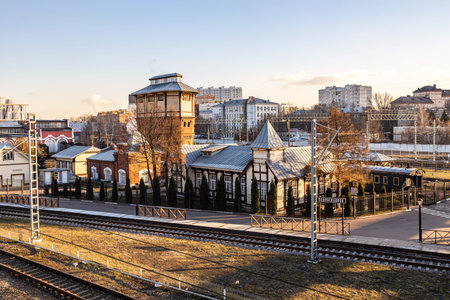 Moscow, Russia - November 18, 2023: railway platform Podmoskovnaya with Historical site Locomotive...