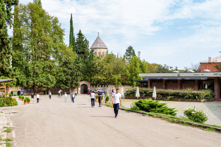 Bodbe, Georgia - September 24, 2023: parking area in front of Bodbe Monastery in Kakheti region of...