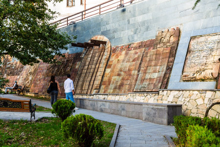 Signagi, Georgia - September 24, 2023: memorial with the names of residents who died in wars in...