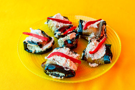 travel to Georgia - Georgian fried eggplants with walnut sauce close up in local cafe in Signagi town in Kakheti region in Georgiaの写真素材