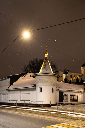 Moscow, Russia - December 02, 2023: Chapel of Silouan of Athos in Athonite metochion of St Panteleimon Monastery on Mount Athos in Moscow city on winter eveningのeditorial素材
