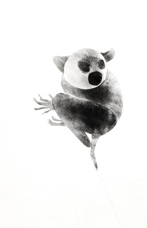 single lemur drawn by hand with stamp with black tempera paint on white paper