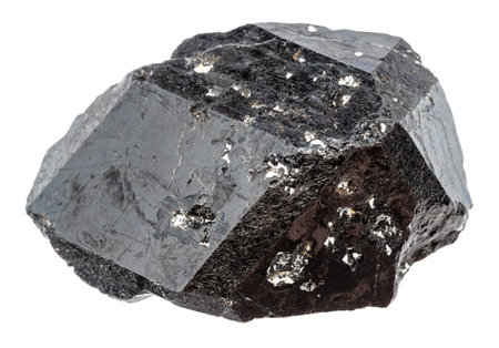 close up of sample of natural stone from geological collection - unpolished melanite andradite black...