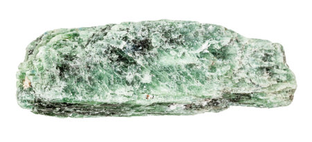 close up of sample of natural stone from geological collection - rough green kyanite mineral...
