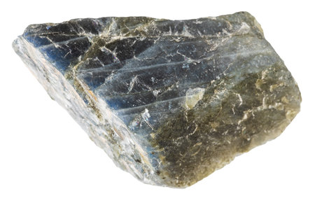 close up of sample of natural stone from geological collection - raw green labradorite mineral isolated on white background from Madagascarの写真素材