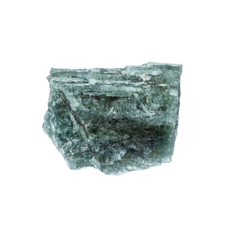 close up of sample of natural stone from geological collection - rough indigolite mineral isolated...