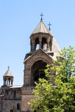 bell tower of Etchmiadzin Cathedral in Etchmiadzin, Vagharshapat city, Armenia on sunny summer day. Cathedral was listed as World Heritage Site by UNESCOの写真素材