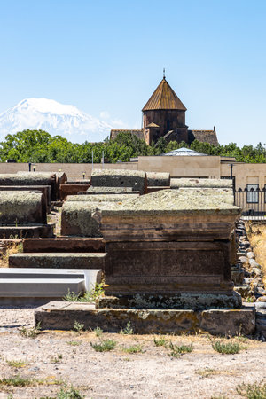 old cemetery, Saint Gayane Church and Mount Ararat on background in Etchmiadzin, Armenia on sunny summer dayの写真素材