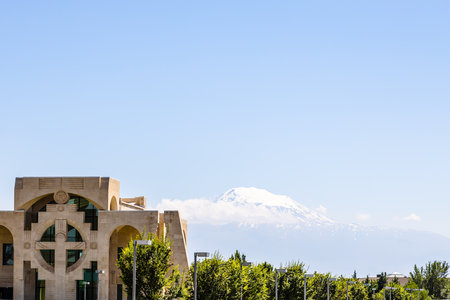 view of Mount Ararat from Etchmiadzin courtyard, Armenia on sunny summer dayの写真素材