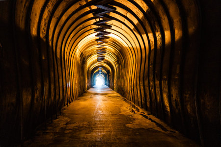 Kond pedestrian tunnel with sagging walls in Yerevan city on summer morning
