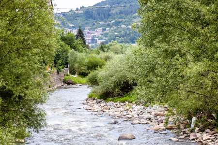 view of Aghstev river in Dilijan city, Armenia on overcast summer dayの写真素材