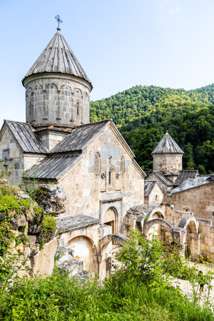 above view of Surb Astvatsatsin Church with patio in Haghartsin Monastery near town of Dilijan in Tavush Province of Armenia on sunny summer dayの写真素材