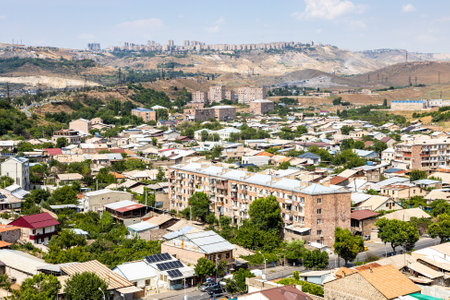 aerial view of Yerevan city district from Erebuni Fortress on sunny summer dayの写真素材