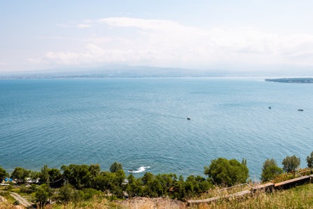 above view of Lake Sevan from Sevanavank, Armenia on summer day from Sevan Peninsula from Sevanavankの写真素材