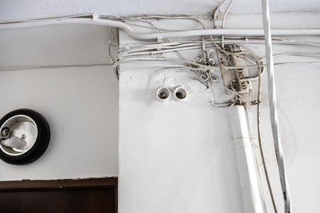 tangled electrical wiring in hall of residential buildingの写真素材