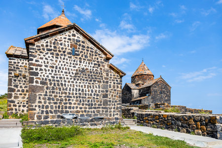black churches of Sevanavank Sevan Monastery, Armenia on sunny summer day on Sevan Peninsula