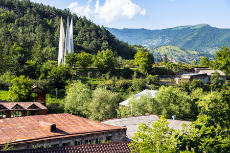 cityscape of Dilijan city, Armenia with Monument to the 50th anniversary of the establishment of...