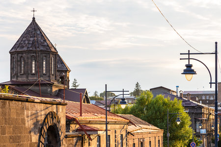 skyline of old town of Gyumri city, Armenia in summer sunset