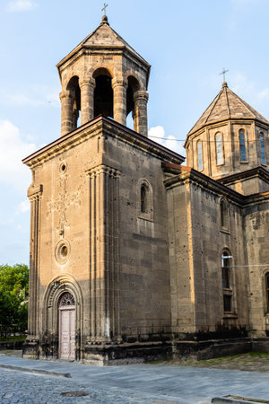 bell tower of Surb Nshan church, oldest church in Gyumri city, Armenia in summer sunset