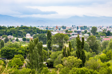 aerial view of Gyumri city, Armenia on cloudy summer day from Black Fortress hill