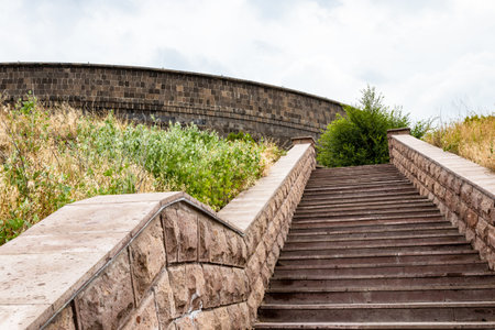 steps to Black Fortress monument in Gyumri city, Armenia on cloudy summer dayの写真素材