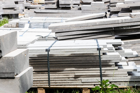 concrete slabs and curbs for repair of urban square in Gyumri city, Armenia on summer day